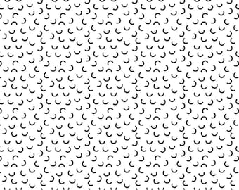 May include: A black and white pattern of repeating curved lines, creating a geometric design.