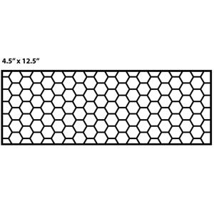 May include: A black honeycomb-patterned panel, measuring 4.5" x 12.5", is displayed against a white background. The panel is composed of numerous hexagonal shapes, creating a geometric design. The overall aesthetic is clean and modern.