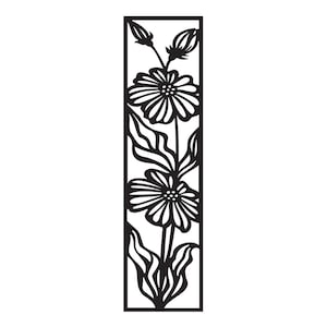 May include: Black and white silhouette of a floral design with three flowers and leaves inside a rectangular frame.