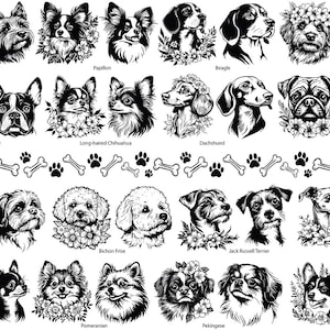 May include: Black and white illustrations of various dog breeds, including Yorkshire Terrier, Papillon, Beagle, and Havapoo. Each dog is depicted with detailed features and some are adorned with floral accents. Paw prints and bone graphics are also included.