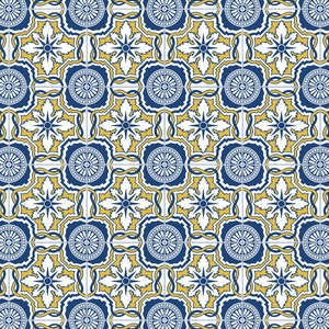 May include: A repeating pattern of decorative tiles. Each tile features a central blue circle with a white and yellow floral design. The tiles are arranged in a grid, creating a cohesive and visually appealing surface. The color palette includes blue, white, and yellow.