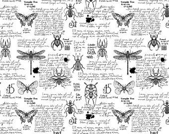 May include: A white fabric pattern featuring black line art illustrations of various insects including butterflies, dragonflies, and beetles, interspersed with handwritten-style text, mathematical formulas, and geometric diagrams.