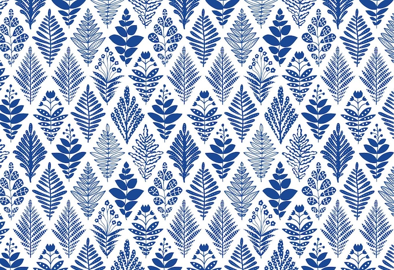 K&ouml;nnte beinhalten: Ein nahtloses Muster mit verschiedenen blauen, stilisierten floralen Designs auf wei&szlig;em Hintergrund. Das Muster besteht aus verschiedenen Formen und Gr&ouml;&szlig;en von Bl&auml;ttern und Blumen.