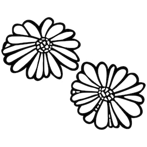 May include: Two black and white line drawings of daisies. The daisies have multiple petals and a centre circle.