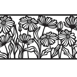 May include: Black and white line art illustration of a floral design with multiple flowers and leaves. The flowers are stylized and have a delicate, intricate design.