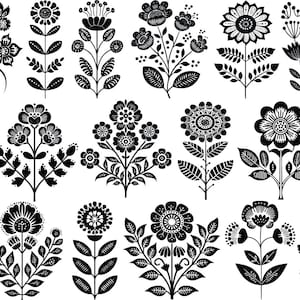 Pode incluir: Uma coleção de ilustrações florais em preto e branco. Os designs apresentam várias flores estilizadas, folhas e caules, mostrando uma estética de arte popular. Os arranjos variam em tamanho e complexidade, adequados para aplicações decorativas.