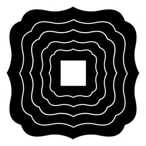 Może przedstawiać: Czarno-biała, warstwowa rama kwadratowa z falistymi krawędziami. Rama składa się z pięciu koncentrycznych kwadratów, z których każdy ma nieco inny rozmiar i kształt.