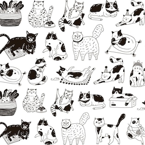 Może przedstawiać: Powtarzający się wzór ilustracji czarno-białych kotów. Koty przedstawione są w różnych pozach, niektóre w czapkach imprezowych, inne bawią się wełną lub wylegiwują się w pudełkach. Styl jest prosty, z czystymi liniami i zabawnym charakterem.