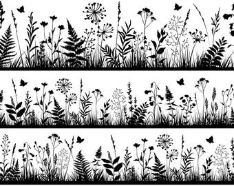 May include: A set of three horizontal black and white graphic illustrations featuring silhouettes of various wild grasses, ferns, wildflowers, and small butterflies. The designs are arranged in distinct rows, showcasing detailed botanical elements.