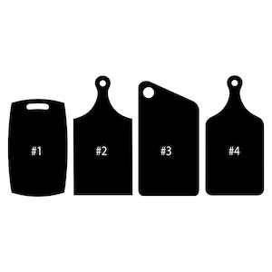 May include: Four different styles of black chopping boards with numbers 1 through 4 printed on them.