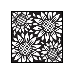 May include: Black and white square design featuring four sunflowers. The sunflowers have detailed petals and textured centers. The design is suitable for home decor, crafts, or other creative projects.