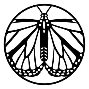 May include: Black and white illustration of a butterfly with its wings spread wide. The butterfly is centered in a circle.