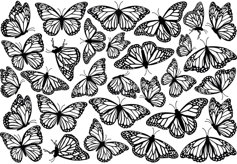 May include: Black and white illustration of a pattern of butterflies. The butterflies are in various positions and sizes.