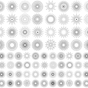 May include: A collection of black and white circular sunburst icons arranged in a grid. Each graphic features a central point or circle surrounded by radiating lines of varying lengths, thicknesses, and patterns, including dashed and solid strokes.
