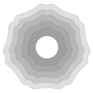 Może przedstawiać: Szary i biały, warstwowy wzór koła z białym środkiem. Wzór przypomina kwiat lub mandalę.