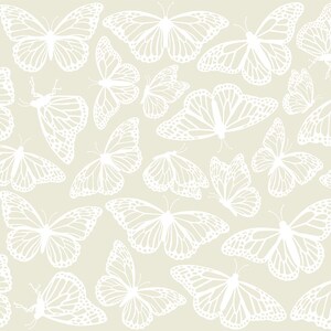 May include: A seamless pattern of white butterflies on a light beige background. The butterflies are arranged in a random pattern and are all facing different directions.