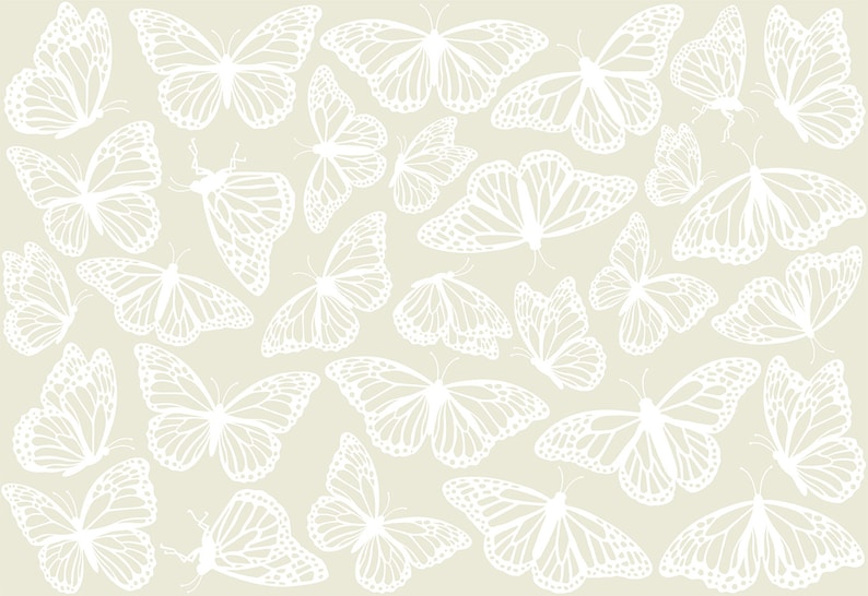 May include: A seamless pattern of white butterflies on a light beige background. The butterflies are arranged in a random pattern and are all facing different directions.