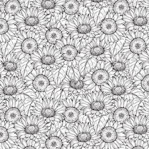 May include: Black and white line drawing of a seamless pattern of sunflowers. The sunflowers are drawn in a realistic style with detailed petals and leaves.