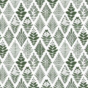 K&ouml;nnte beinhalten: Ein nahtloses Muster mit verschiedenen gr&uuml;nen Blattdesigns auf wei&szlig;em Hintergrund. Die Bl&auml;tter sind stilisiert und haben einen geometrischen Look.