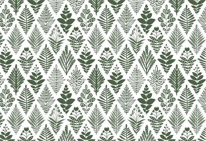 K&ouml;nnte beinhalten: Ein nahtloses Muster mit verschiedenen gr&uuml;nen Blattdesigns auf wei&szlig;em Hintergrund. Die Bl&auml;tter sind stilisiert und haben einen geometrischen Look.