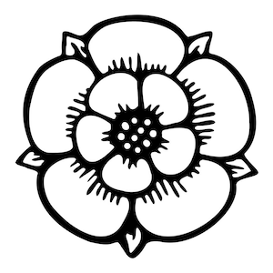 Peut inclure: Un dessin au trait noir et blanc d'une fleur stylisée à cinq pétales.