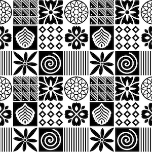 Pode incluir: Padrão geométrico preto e branco com quadrados e círculos que se repetem. O padrão apresenta vários desenhos, incluindo espirais, flores e diamantes.