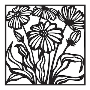 May include: Black and white line art illustration of a bouquet of flowers with five blossoms and leaves.