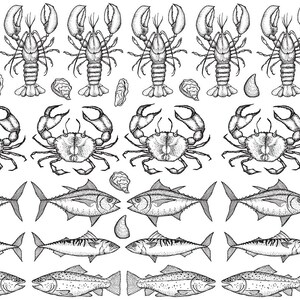 May include: Black and white illustration featuring various seafood elements. The image includes detailed drawings of lobsters, crabs, fish, oysters, and shrimp. The design is repeated across the image, creating a pattern.