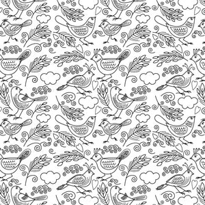 May include: A repeating black and white pattern featuring line art illustrations of birds, leafy branches, small clouds, and swirling decorative elements. The design consists of multiple bird figures arranged in rows, interspersed with botanical motifs and simple cloud shapes on a plain white background.