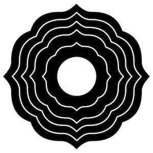 Może przedstawiać: Abstrakcyjny wzór w kolorze czarnym i białym z okrągłym kształtem w środku. Wzór składa się z wielu warstw nakładających się na siebie kształtów.