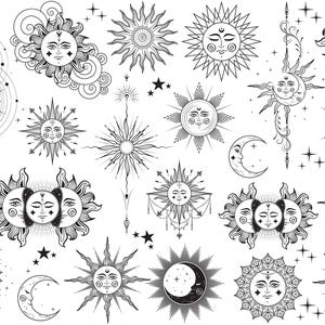 Op de afbeelding: Een set van 20 zwart-wit illustraties van zonnen en manen met verschillende ontwerpen. Sommige zonnen hebben gezichten, sommige hebben stralen en sommige zijn omringd door sterren. Sommige manen zijn halve manen, sommige zijn vol en sommige zijn omringd door sterren.