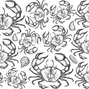 May include: Black and white illustration of various crabs and seashells. The crabs are depicted with detailed dot patterns, showcasing their claws and bodies. The seashells are also illustrated with intricate details, creating a nautical theme.