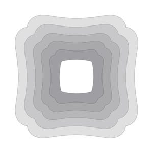 Peut inclure: Une série de cinq cadres carrés imbriqués aux bords festonnés, disposés en motif concentrique. Le design présente des nuances de gris alternées, passant d'une bordure extérieure gris clair à un carré central d'un gris plus foncé.