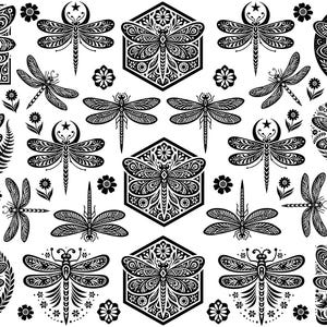 May include: A collection of black and white illustrations featuring various dragonfly designs. The insects are depicted with intricate patterns, some enclosed in geometric shapes like hexagons, circles, and hearts, accompanied by floral motifs.