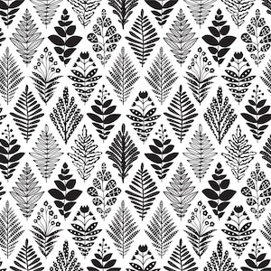 K&ouml;nnte beinhalten: Schwarzwei&szlig;es nahtloses Muster mit verschiedenen stilisierten Blattdesigns. Das Muster ist perfekt, um eine moderne und minimalistische &Auml;sthetik zu schaffen.