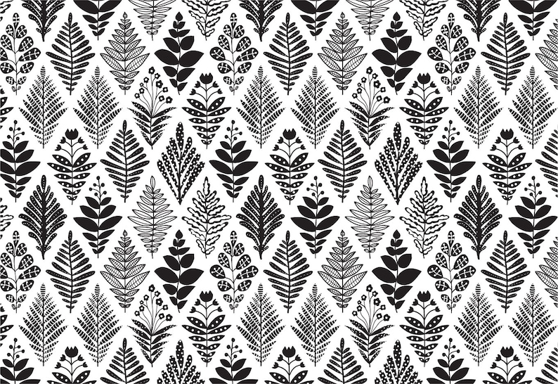 K&ouml;nnte beinhalten: Schwarzwei&szlig;es nahtloses Muster mit verschiedenen stilisierten Blattdesigns. Das Muster ist perfekt, um eine moderne und minimalistische &Auml;sthetik zu schaffen.