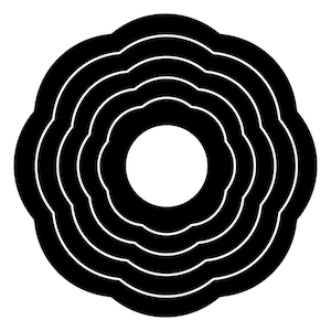 Może przedstawiać: Czarno-biała grafika przedstawiająca serię koncentrycznych, karbowanych pierścieni. Projekt ma centralny biały okrąg i jest umieszczony na białym tle. Ogólny kształt przypomina stylizowany kwiat.