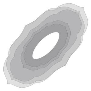 Może przedstawiać: Warstwowy, szary, owalny wzór z białym środkiem. Wzór ma falisty brzeg i przypomina mandalę.