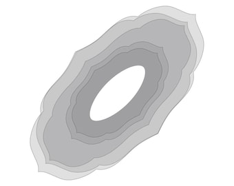 Könnte beinhalten: Ein mehrschichtiges, graues, ovales Design mit einem weißen Zentrum. Das Design hat einen gewellten Rand und erinnert an ein Mandala.