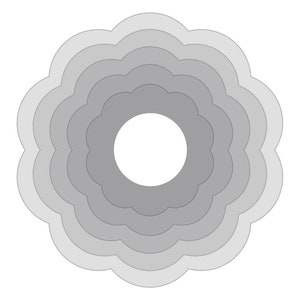 Może przedstawiać: Okrągły wzór w kolorze szarym i białym z koncentrycznymi okręgami i falistym brzegiem.