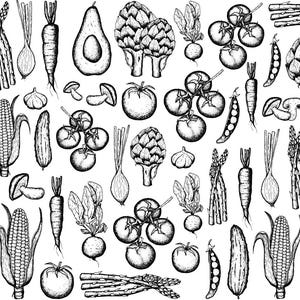 Pode incluir: Ilustração em preto e branco de vários vegetais, incluindo alcachofras, espargos, cenouras, abacates, tomates, milho, pepinos e alho. A arte de linha detalhada cria um padrão de produtos frescos.
