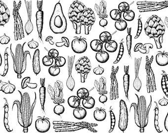 May include: Black and white illustration of various vegetables, including artichokes, asparagus, carrots, avocados, tomatoes, corn, cucumbers, and garlic. The detailed line art creates a pattern of fresh produce.