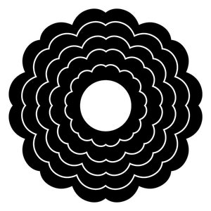 Może przedstawiać: Czarno-biały wzór kwiatowy z falistą krawędzią. Projekt przedstawia koncentryczne okręgi warstwowych płatków, tworząc symetryczny kształt przypominający kwiat. Środek to białe koło.