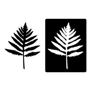 May include: A black and white illustration of a fern leaf. The fern leaf is shown twice, once on a white background and once on a black background.