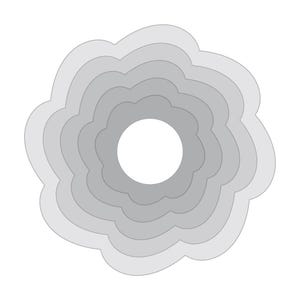 Puede incluir: Un diseño abstracto en capas con un círculo blanco central rodeado de formas concéntricas en forma de nube. El diseño utiliza tonos grises, de claro a oscuro, creando una sensación de profundidad. El fondo es blanco y el estilo es minimalista.