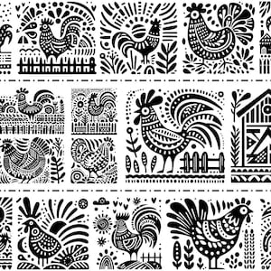 Puede incluir: Diseño de arte popular en blanco y negro con gallos estilizados, graneros y elementos florales. El patrón repetitivo crea una composición cohesiva y decorativa. La obra de arte es adecuada para diversas aplicaciones, como estampados en tela o arte mural.