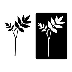 Peut inclure: Une silhouette noire et blanche d'un petit arbre avec des feuilles. L'arbre est représenté à la fois en espace positif et négatif.
