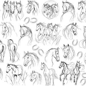 Può includere: Una collezione di illustrazioni di cavalli in bianco e nero. I disegni raffigurano cavalli in varie pose, tra cui corsa, in piedi e ritratti. I ferri di cavallo sono inclusi nel design. Lo stile ricorda gli schizzi.