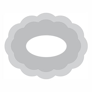 Może przedstawiać: Warstwowy, szary, karbowany owalny wzór z białym owalnym środkiem. Projekt ma trzy warstwy szarości, każda lekko przesunięta, tworząc efekt wymiarowy. Tło jest gładkie białe.