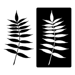 Peut inclure: Graphique en noir et blanc d'une feuille composée de plusieurs folioles. La feuille est représentée en deux versions : une silhouette noire pleine et une silhouette blanche sur fond noir. Le design est simple et polyvalent.
